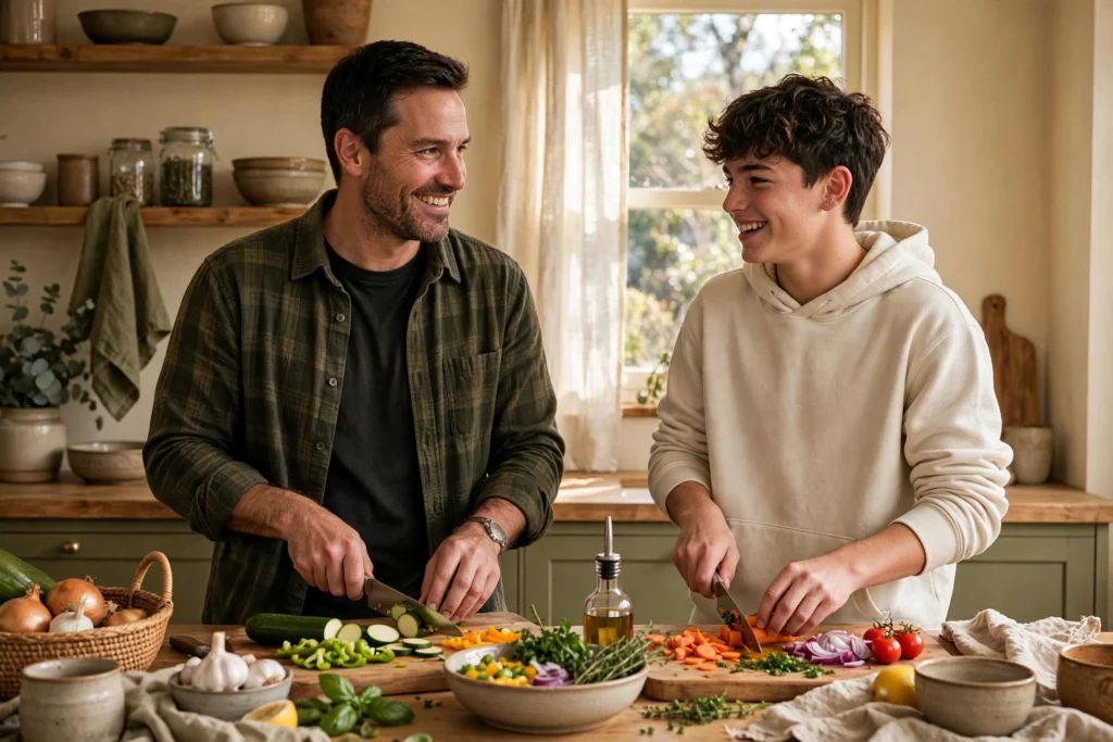 Dad and teen cooking together in the kitchen
